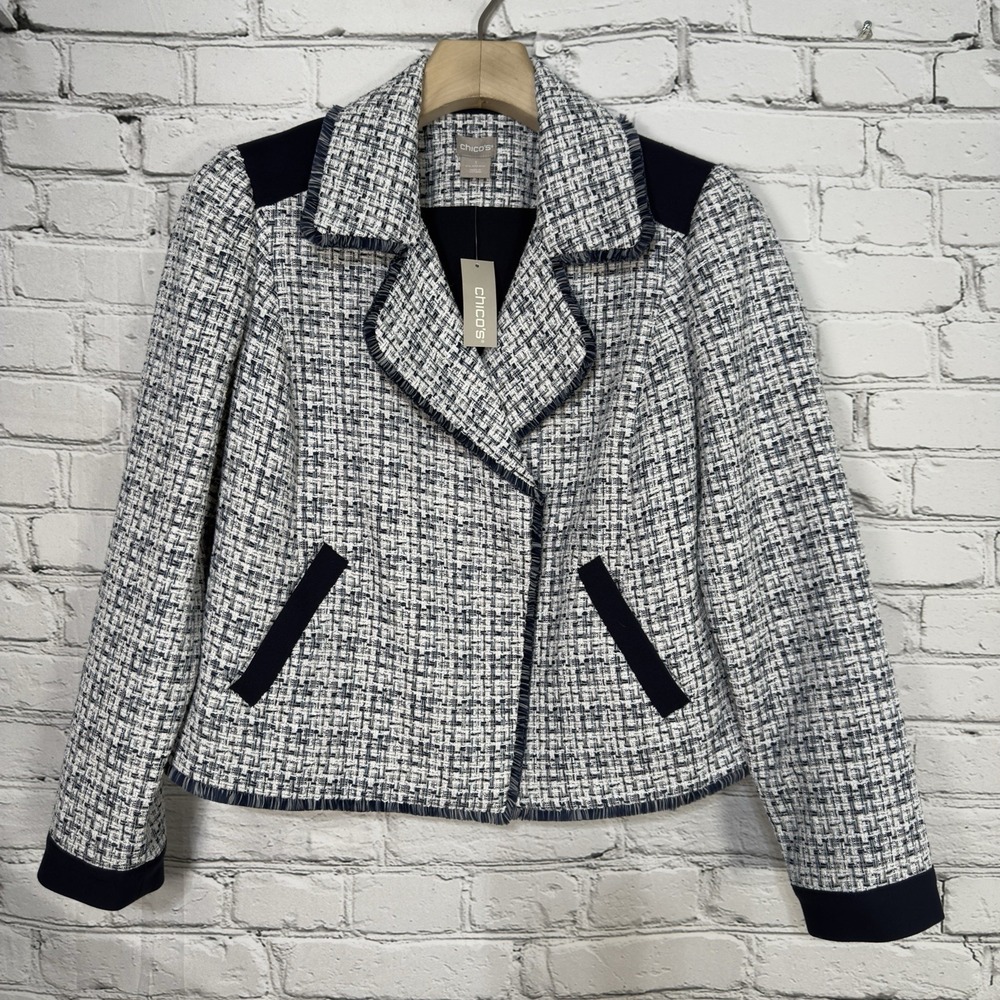 Chico's Moto Tweed Trim Detail LS Jacket Size 1 8-10 Classic Navy 1/2 Zip NWT